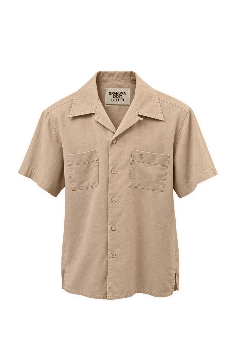 1990s Pale Peach Beige Cotton Camp Collar Shirt - Front View