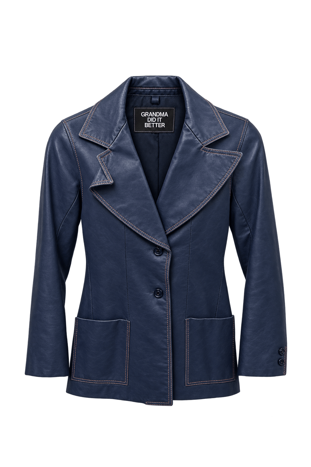 1970s Navy Blue Leather Jacket - Front View