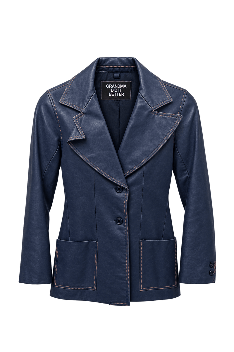 1970s Navy Blue Leather Jacket - Front View