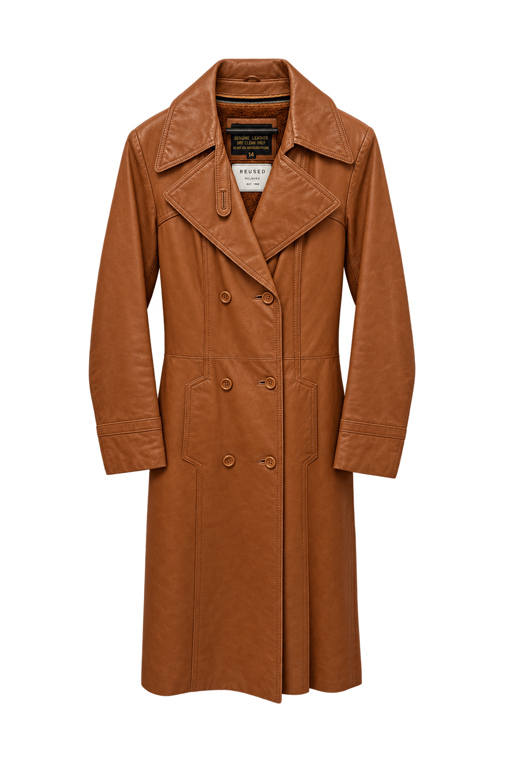 1970s Cognac Brown Leather Trench Coat - Front View