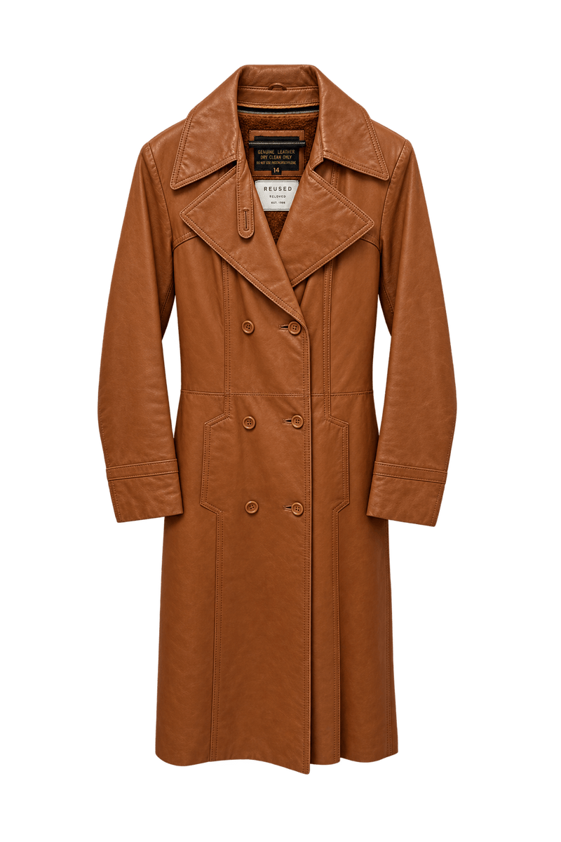 1970s Cognac Brown Leather Trench Coat - Front View