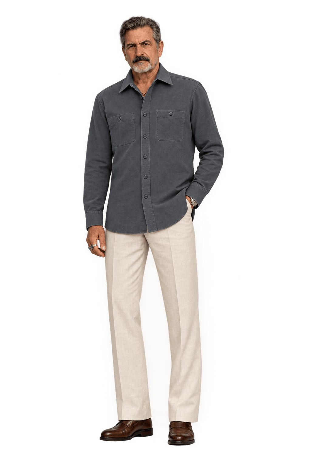 1980s Charcoal Gray Woven Fabric Work Shirt - Model