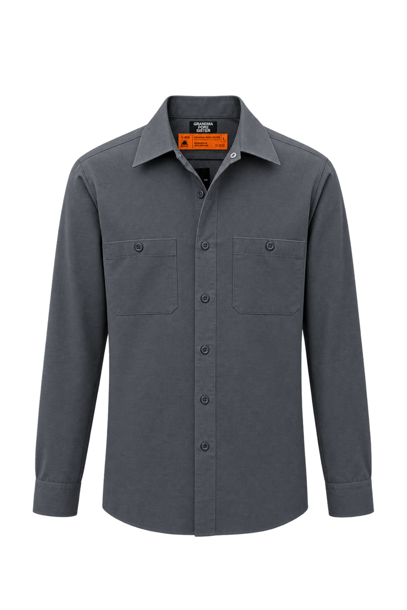 1980s Charcoal Gray Woven Fabric Work Shirt - Front View