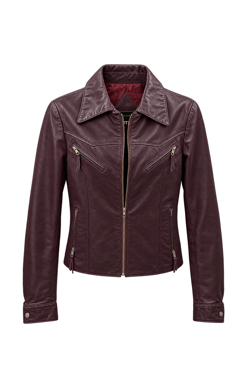 1970s Dark Burgundy Leather Jacket - Front View
