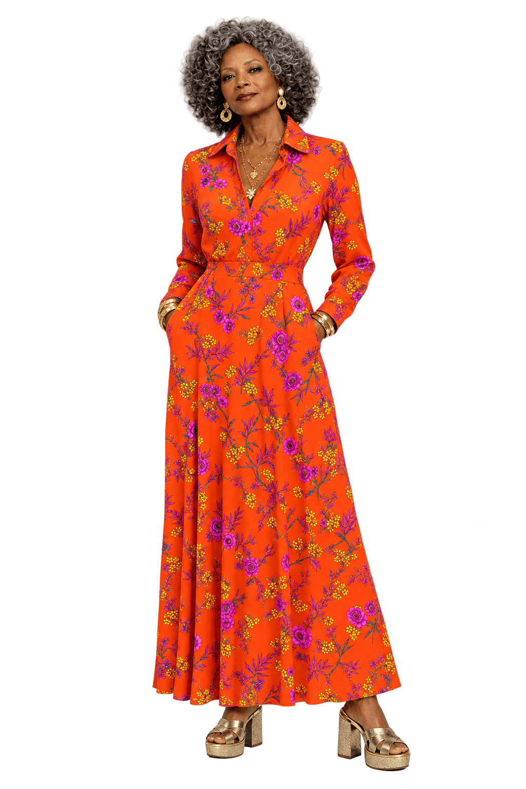 1980s Vivid Orange Synthetic Maxi Dress - Model