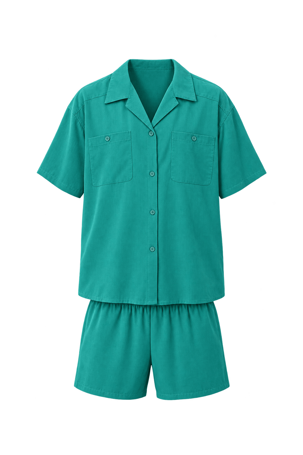 1960s Bright Teal Fluid Woven Fabric Shirt and Shorts Set - Front View
