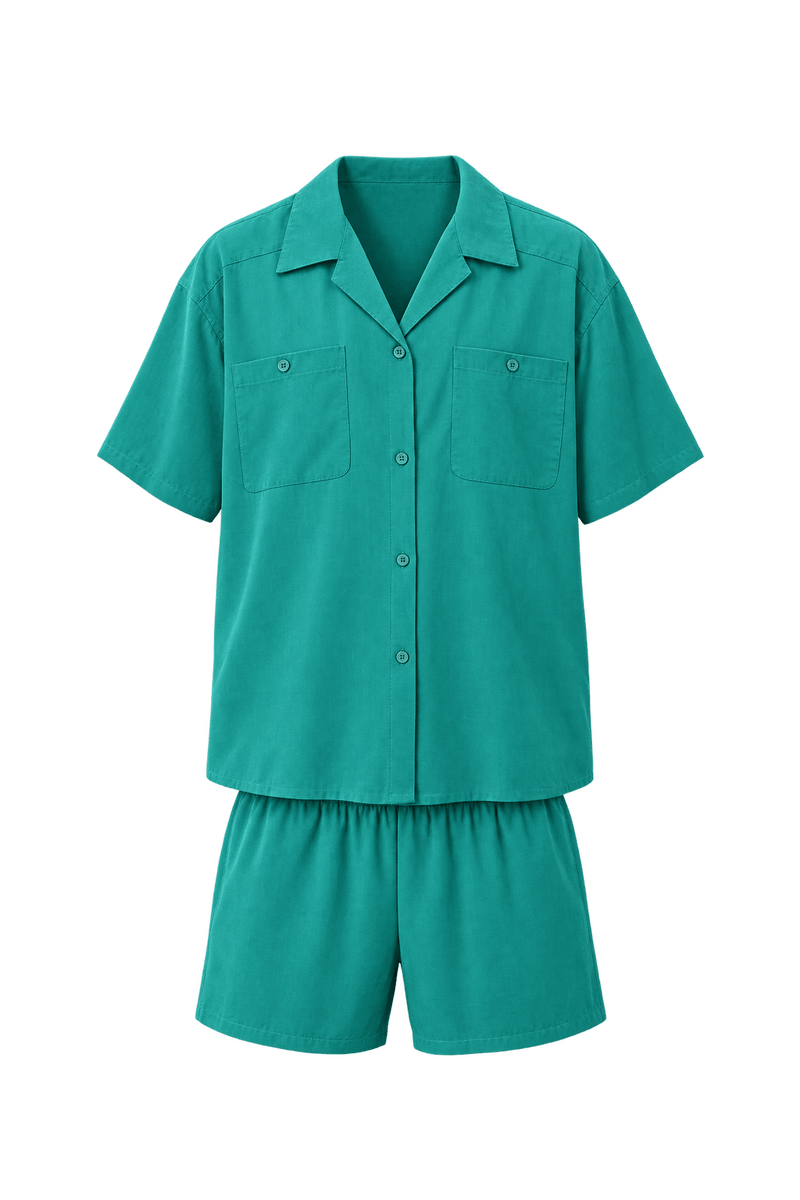 1960s Bright Teal Fluid Woven Fabric Shirt and Shorts Set - Front View