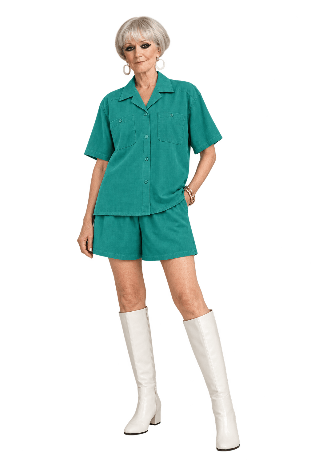 1960s Bright Teal Fluid Woven Fabric Shirt and Shorts Set - Model