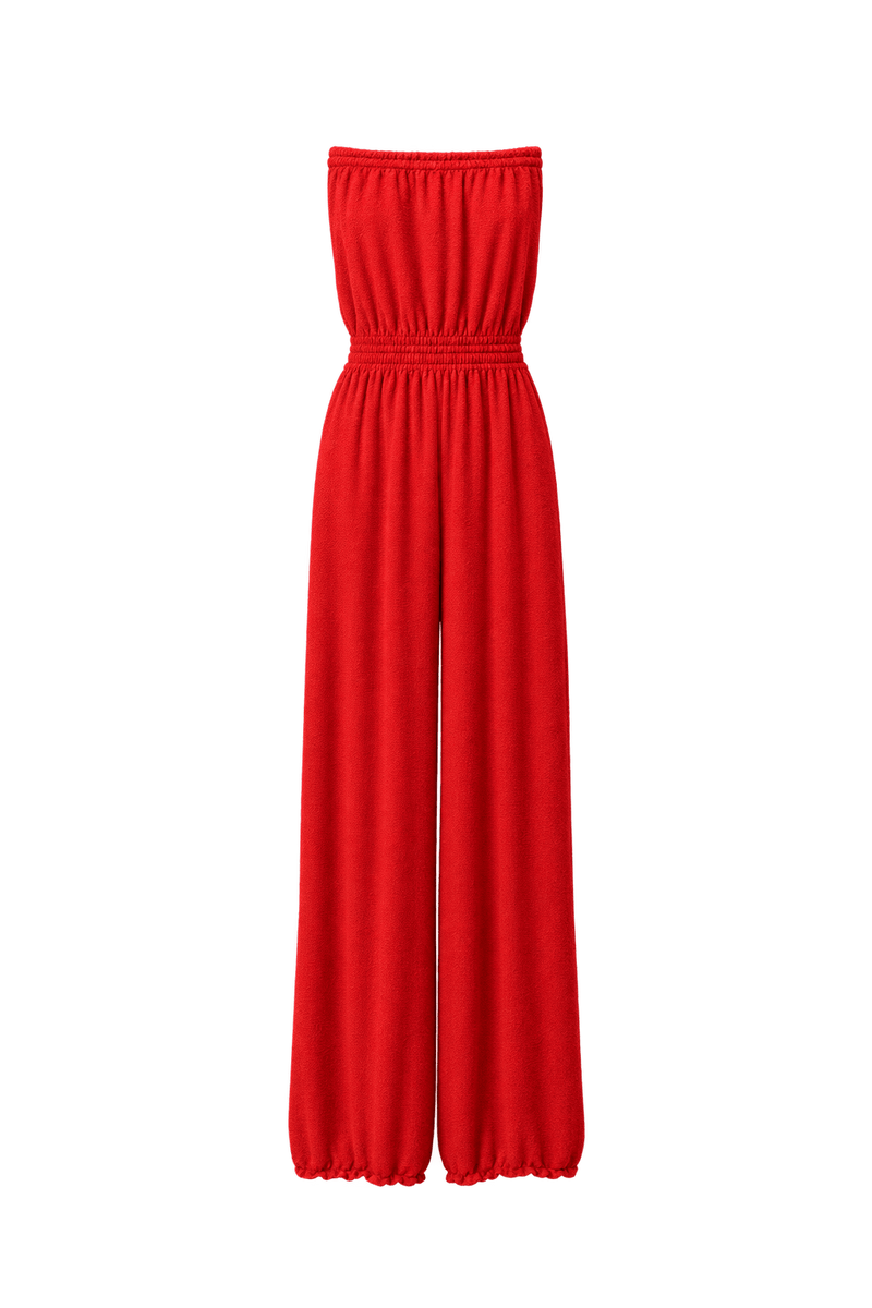 1980s Bright Red Unverified Textured Knit Jumpsuit - Front View
