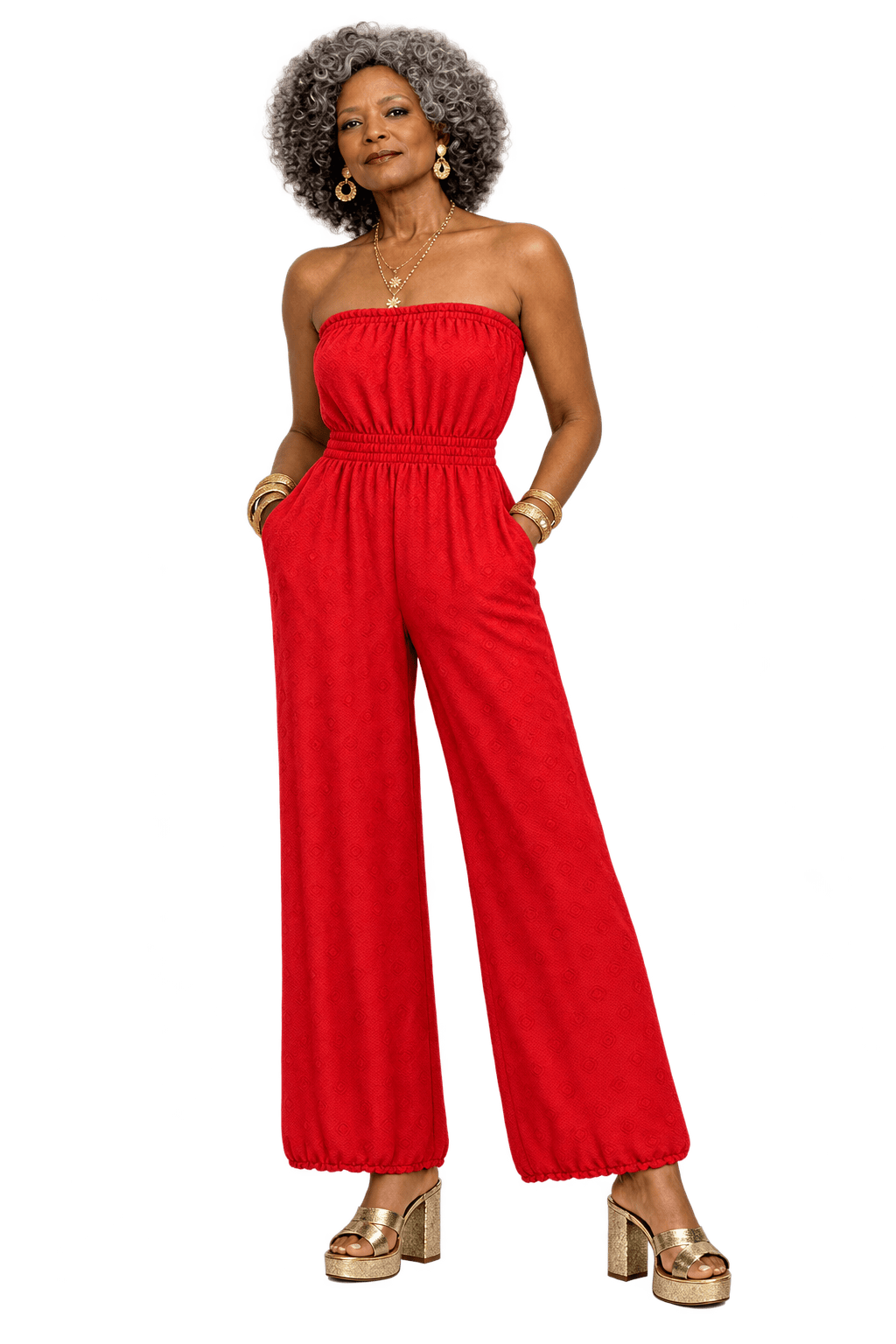 1980s Bright Red Unverified Textured Knit Jumpsuit - Model