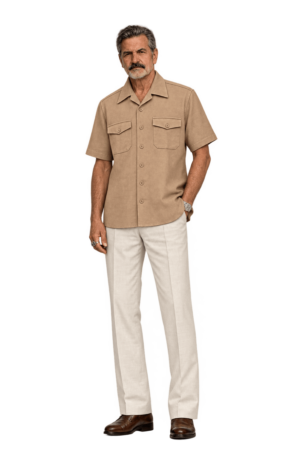 1970s Camel Tan Polyester Blend Shirt - Model