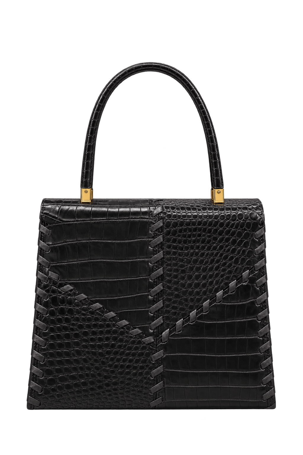 1970s Black Embossed Leather Handbag - Front View