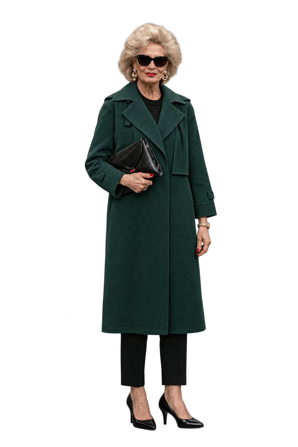 1980s Deep Forest Green Unverified Wool-Look Trench Coat - Model