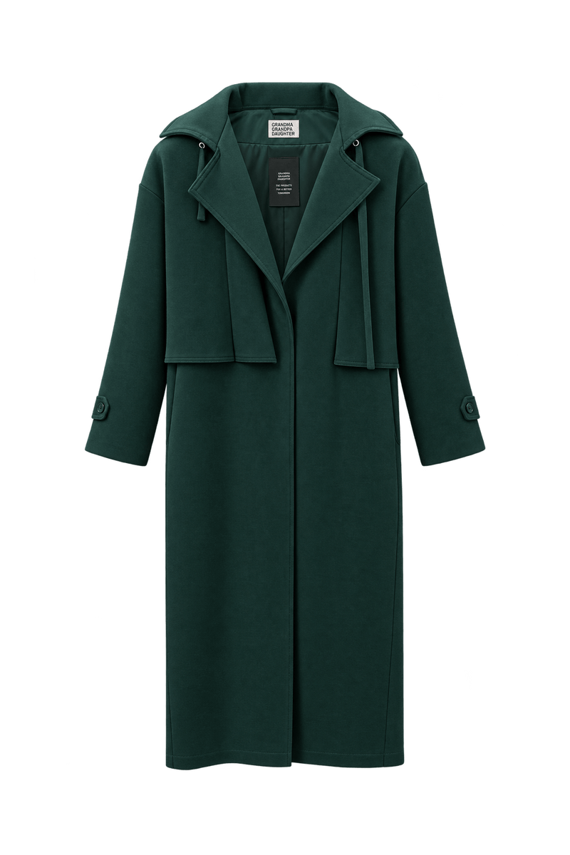 1980s Deep Forest Green Unverified Wool-Look Trench Coat - Front View