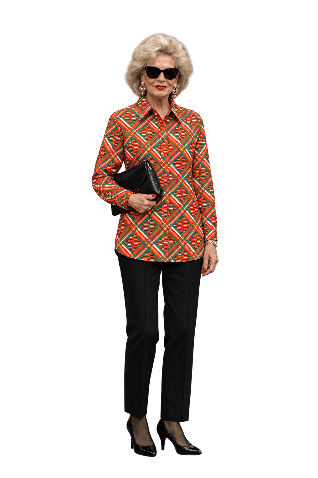 1980s Rust Orange Synthetic Fabric Button-Down Shirt - Model