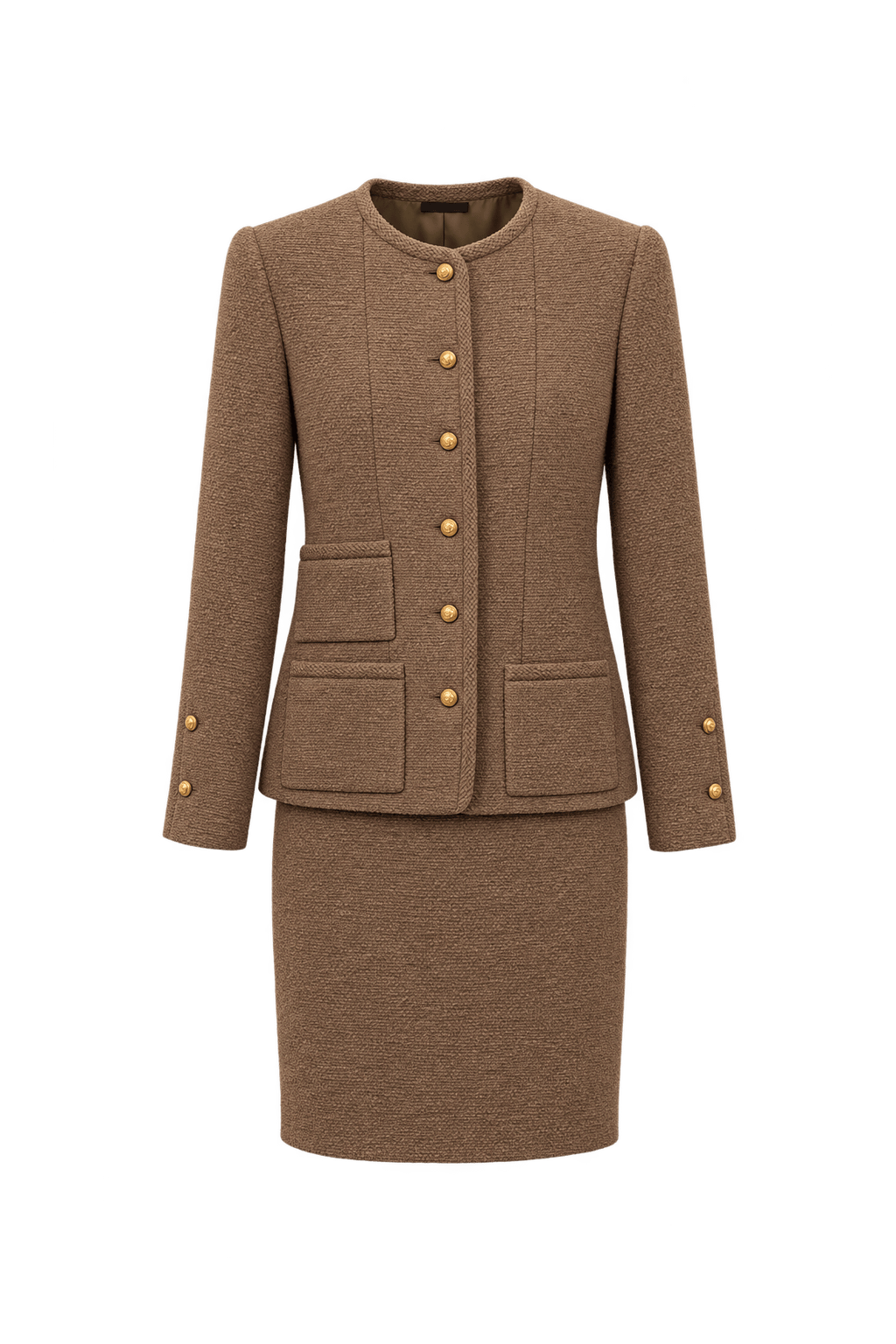 1970s Camel Brown Textured Woven Skirt Suit - Front View