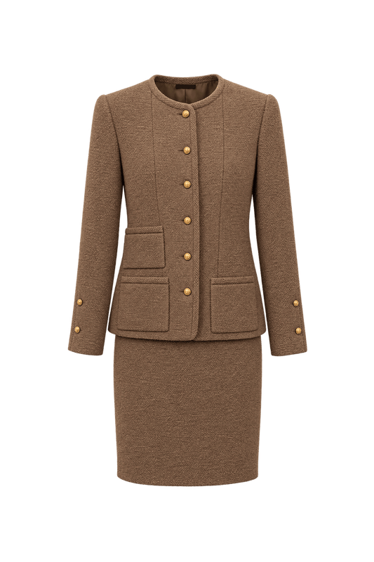 1970s Camel Brown Textured Woven Skirt Suit - Front View
