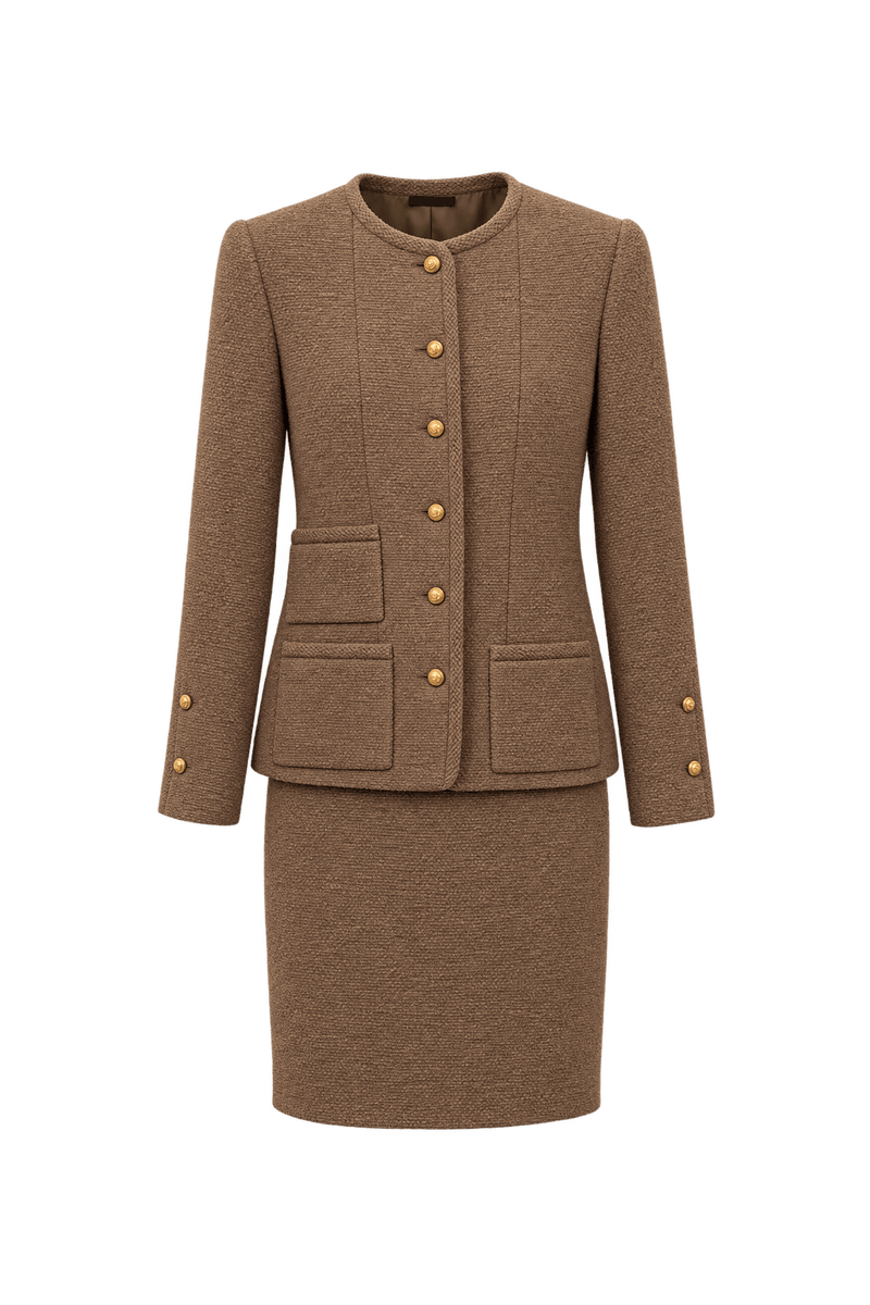 1970s Camel Brown Textured Woven Skirt Suit - Front View