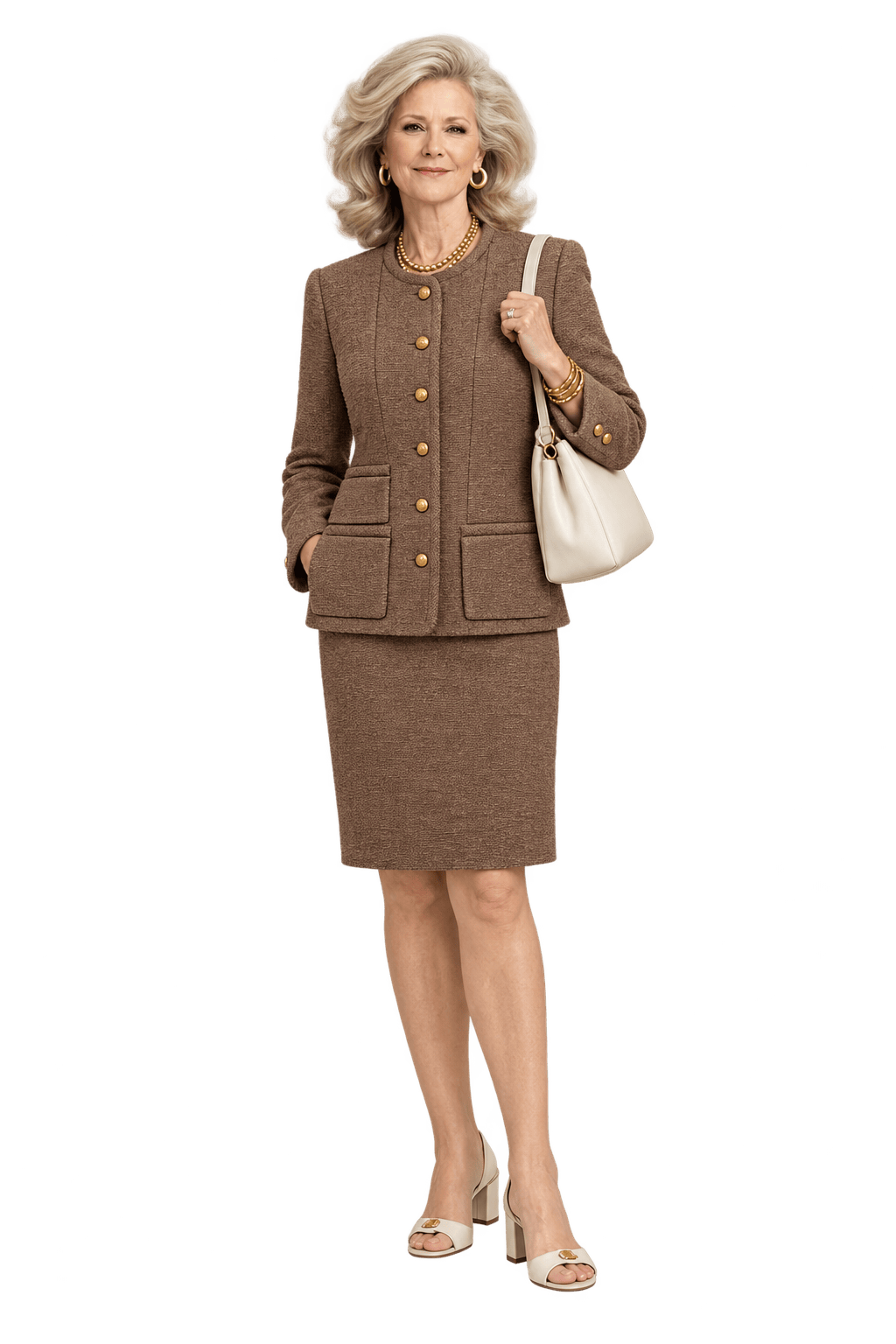 1970s Camel Brown Textured Woven Skirt Suit - Model