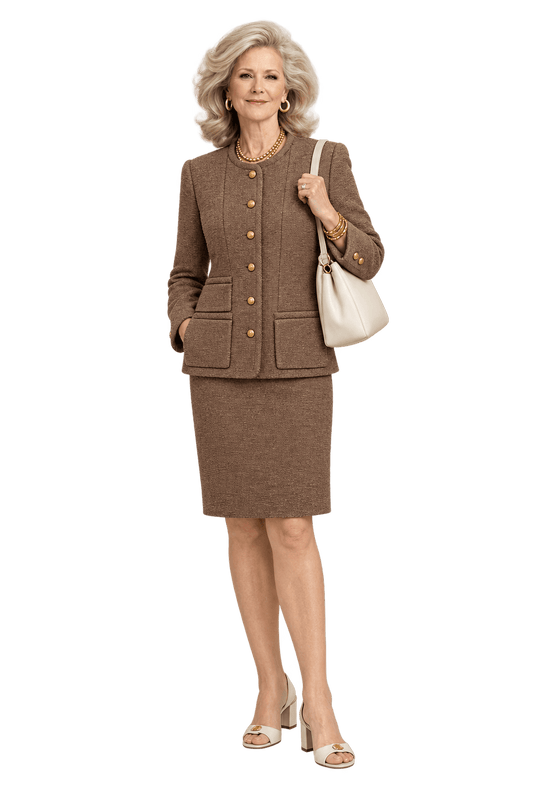 1970s Camel Brown Textured Woven Skirt Suit - Model