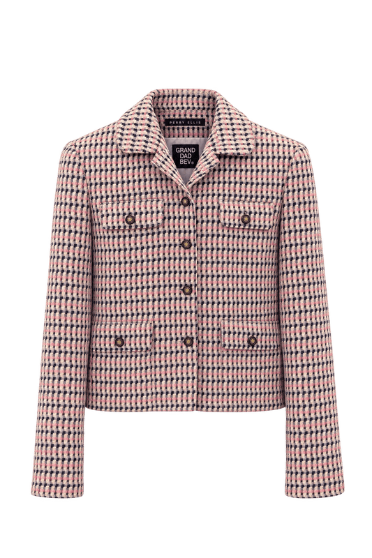 1990s Cream with Pink and Navy Woven Textile Jacket - Front View