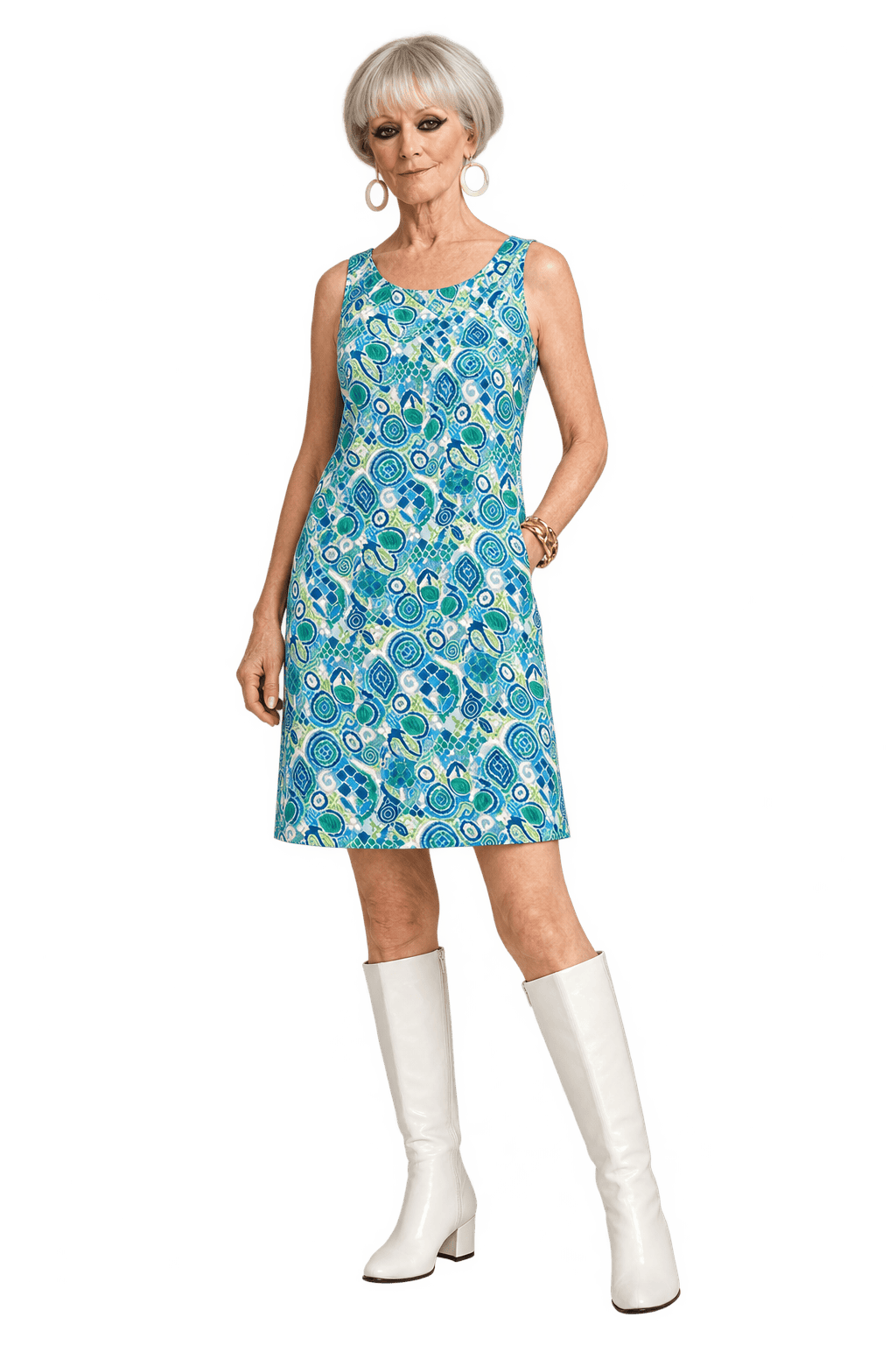 1960s Blue and Teal Lightweight Shift Dress - Model