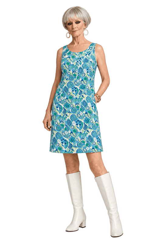 1960s Blue and Teal Lightweight Shift Dress - Model