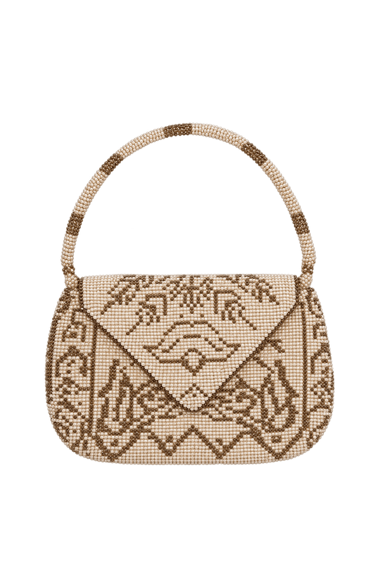 1930s Ivory White Seed Beads Beaded Handbag - Front View