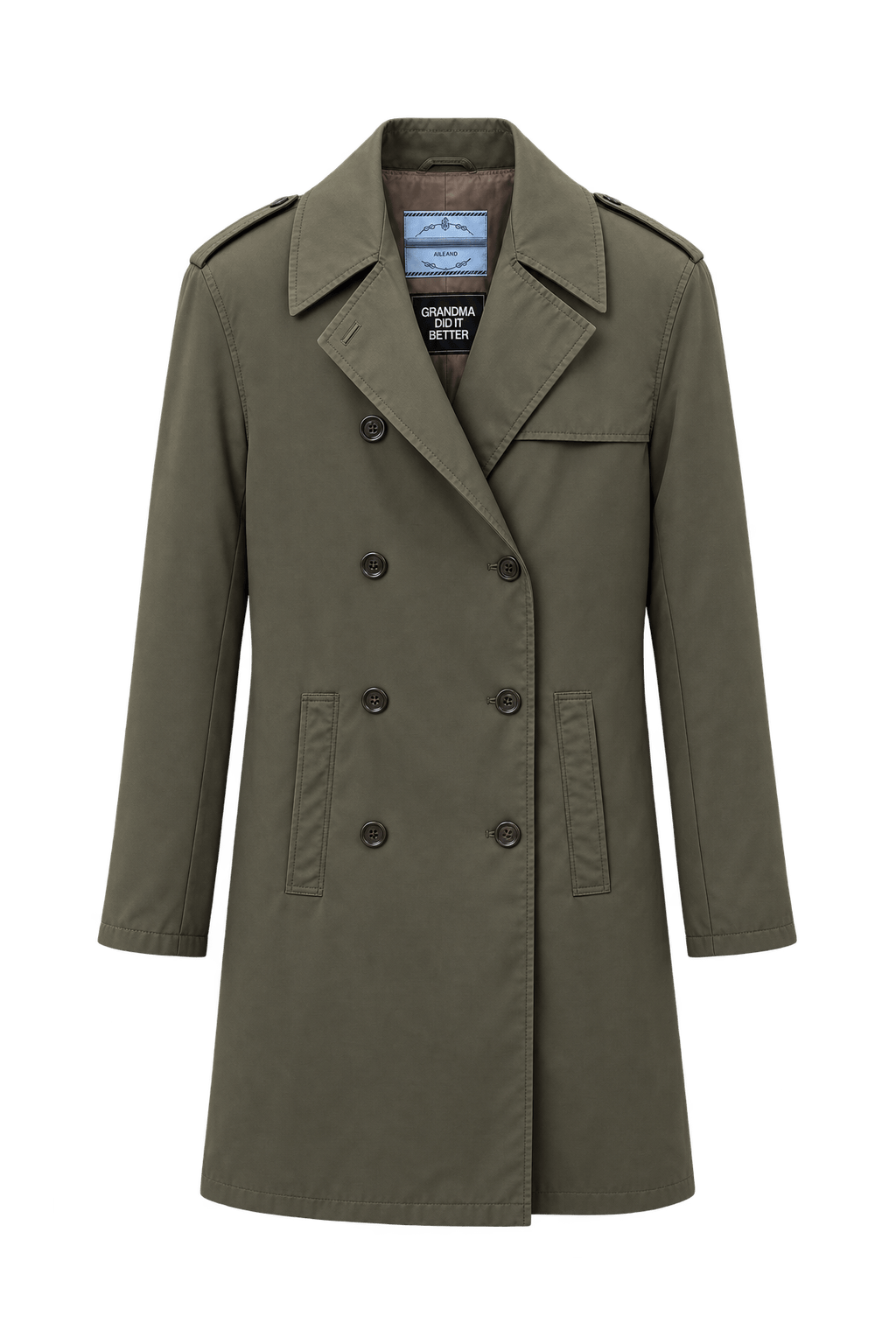1990s Dark Olive Green Smooth Woven Trench Coat - Front View
