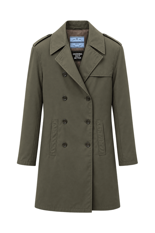 1990s Dark Olive Green Smooth Woven Trench Coat - Front View