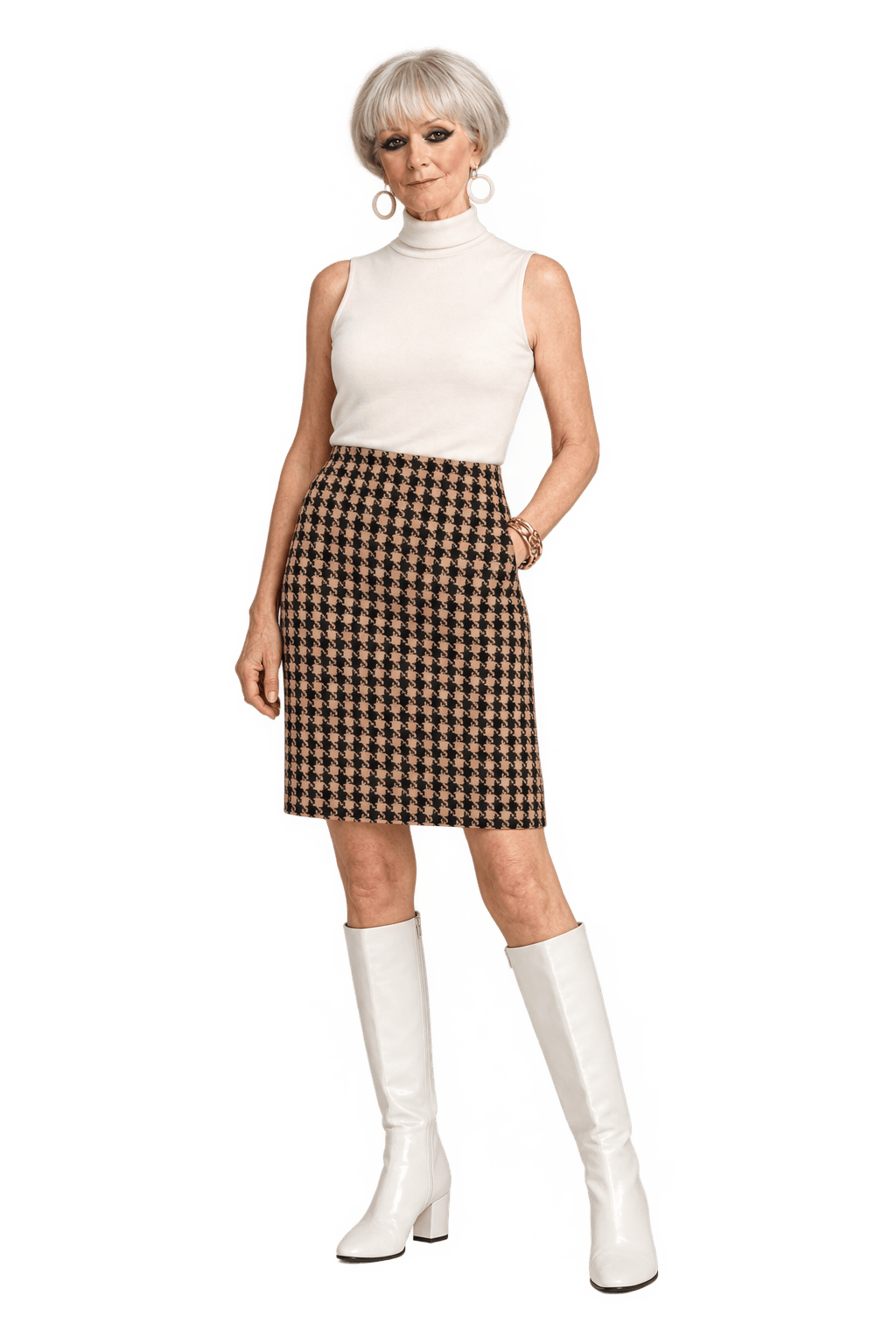 1960s Black Tan Houndstooth Skirt - Model
