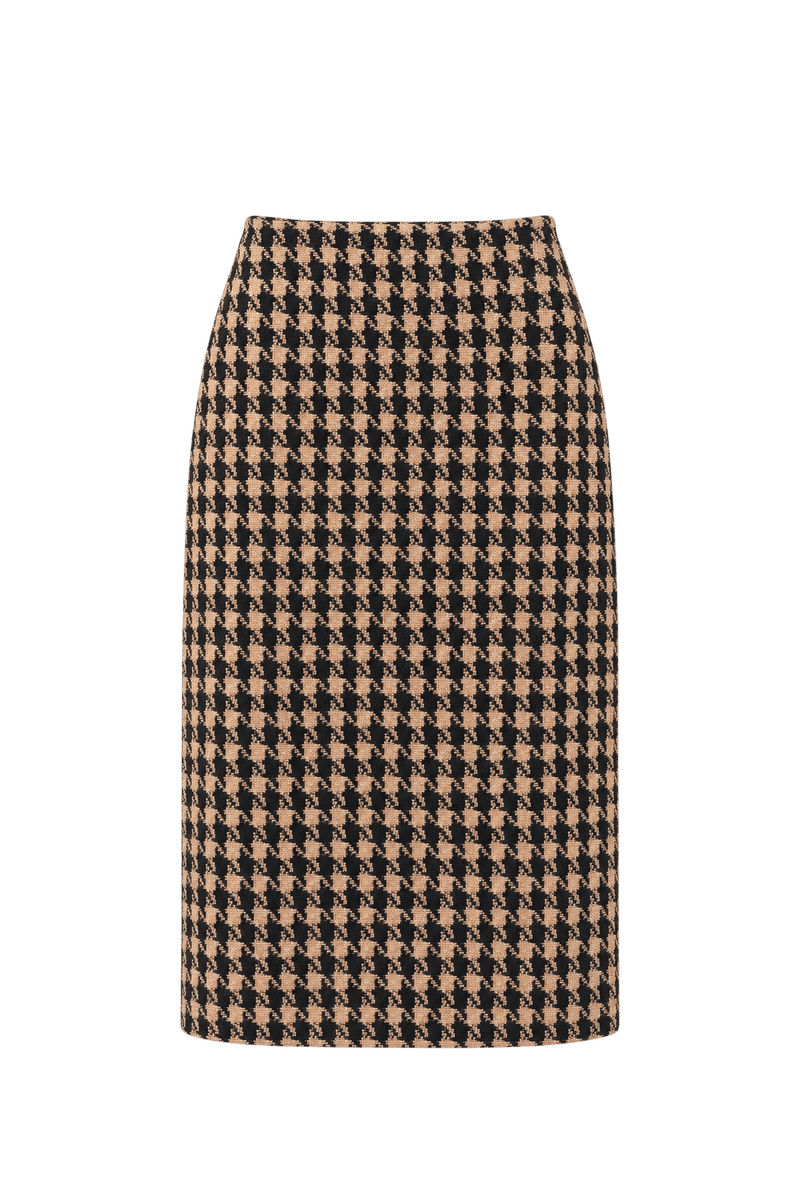 1960s Black Tan Houndstooth Skirt - Front View