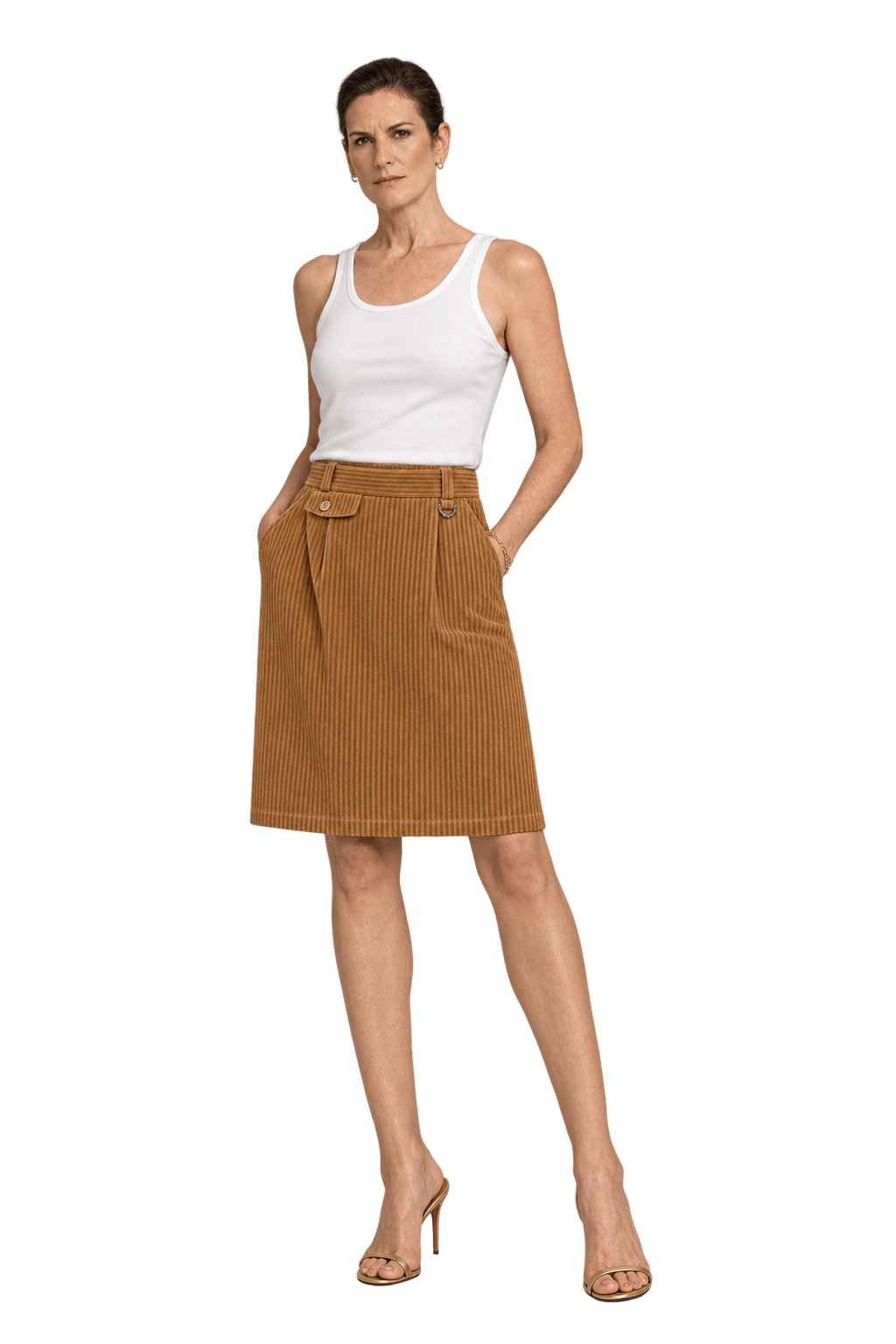 [1990s] Warm Tan Brown Cotton Corduroy Skirt - Model