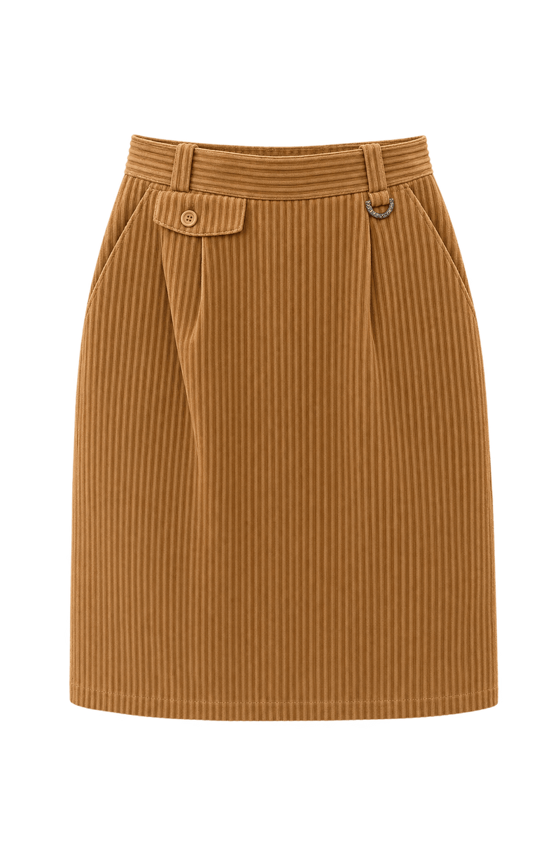 [1990s] Warm Tan Brown Cotton Corduroy Skirt - Front View