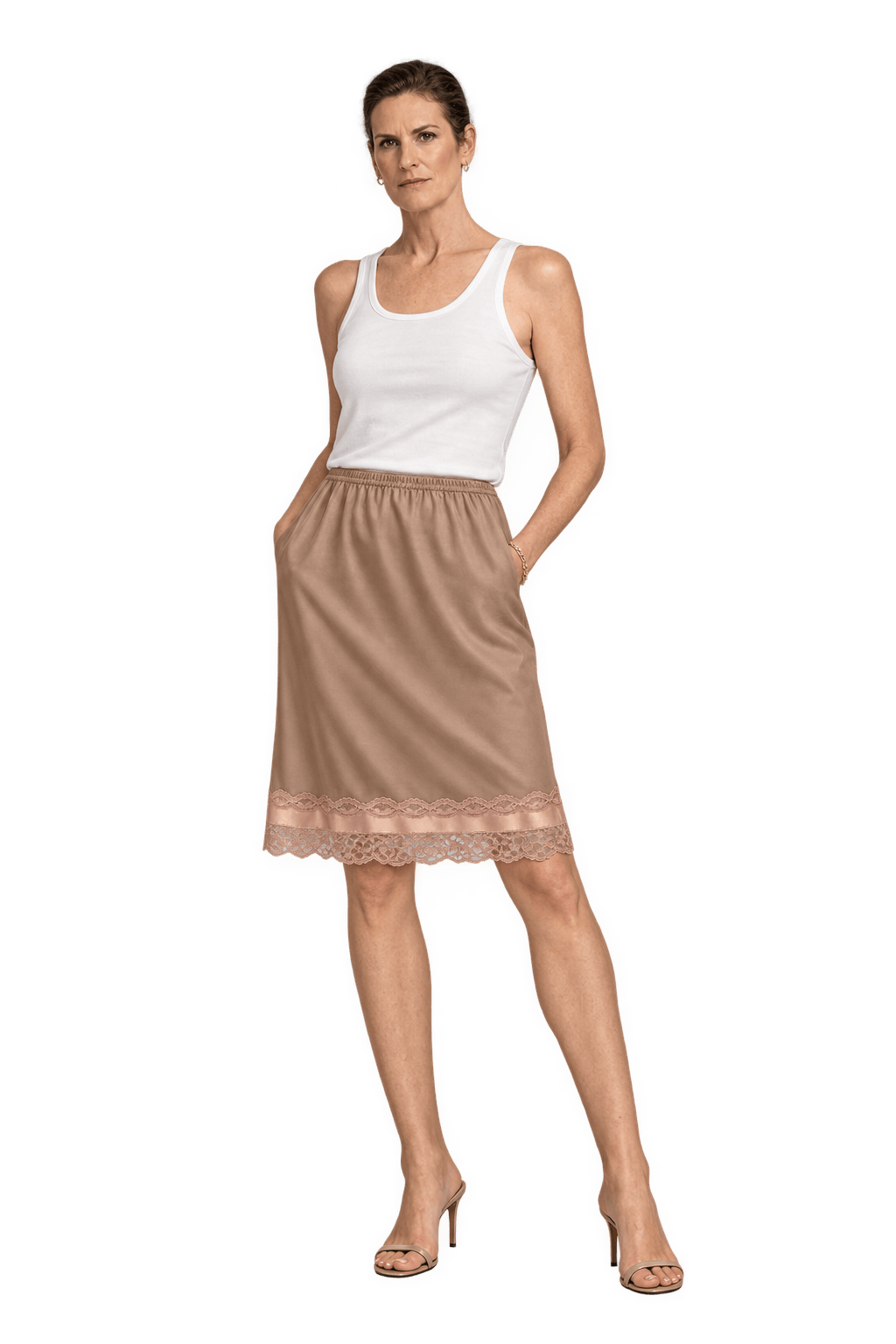 1990s Warm Taupe Brown Synthetic Knit Half Slip - Model