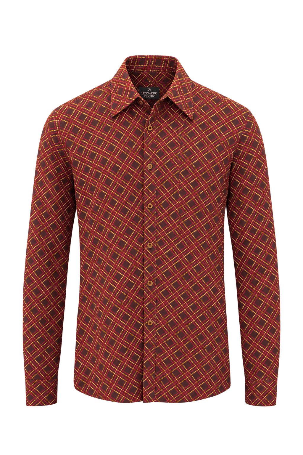 1960s Deep Burgundy Woven Fabric Button-Down Shirt - Front View