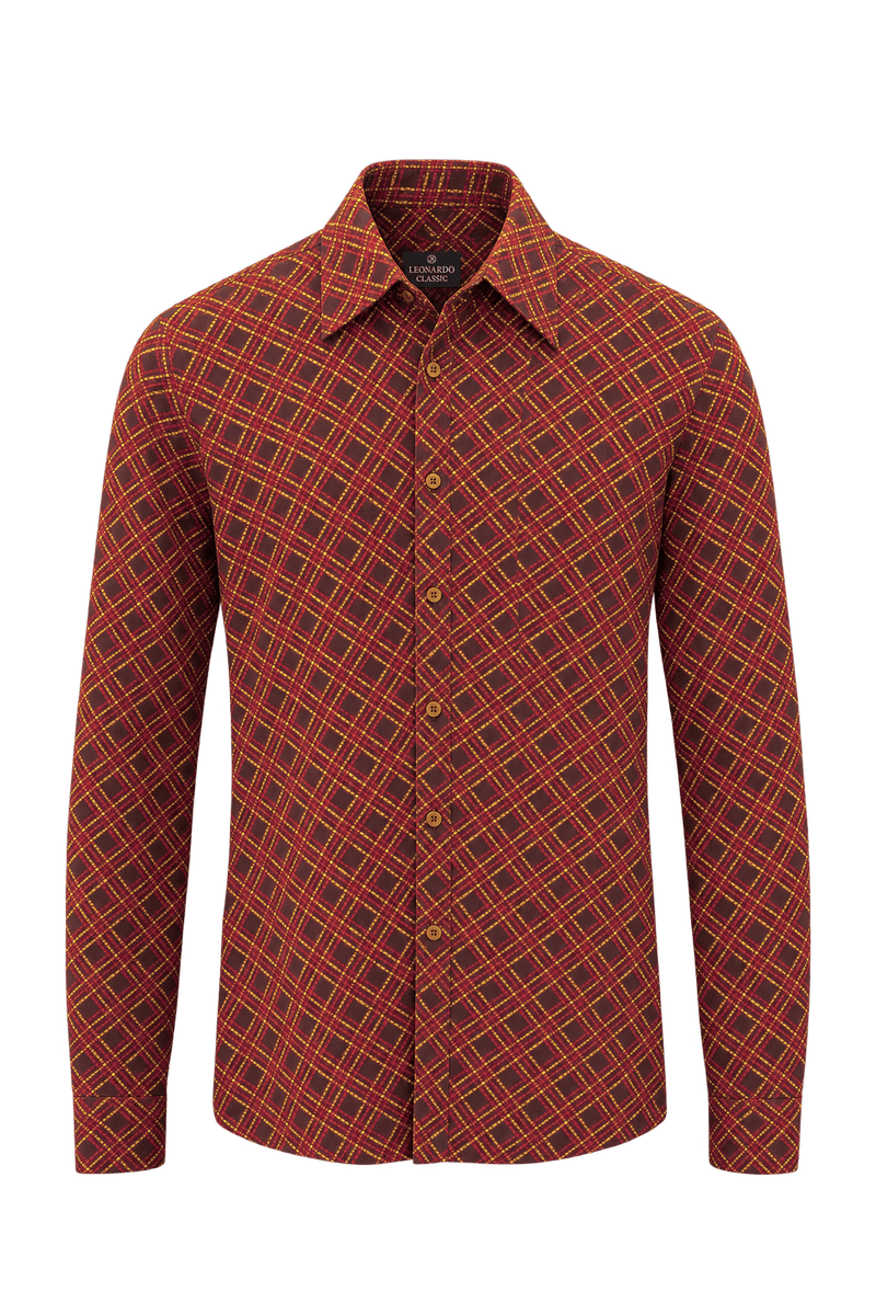 1960s Deep Burgundy Woven Fabric Button-Down Shirt - Front View