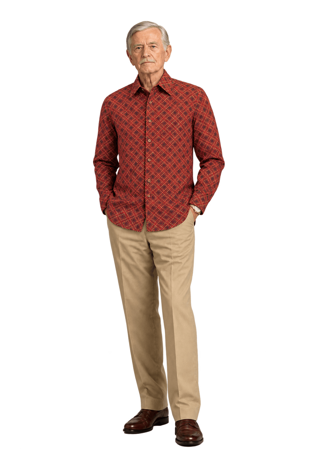 1960s Deep Burgundy Woven Fabric Button-Down Shirt - Model