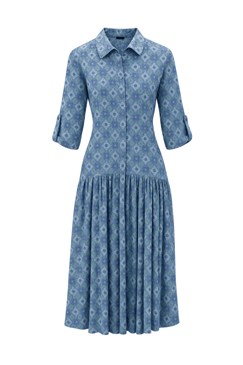 1970s Muted Blue Lightweight Dress - Front View