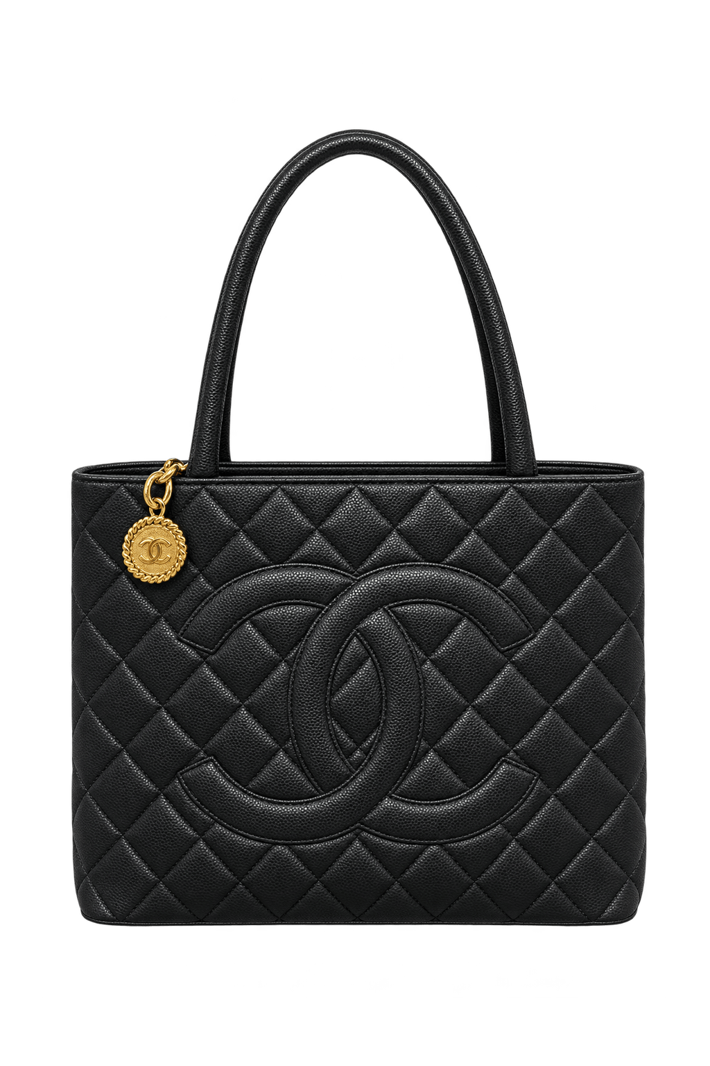 1990s Black Pebbled Leather Tote Bag - Front View