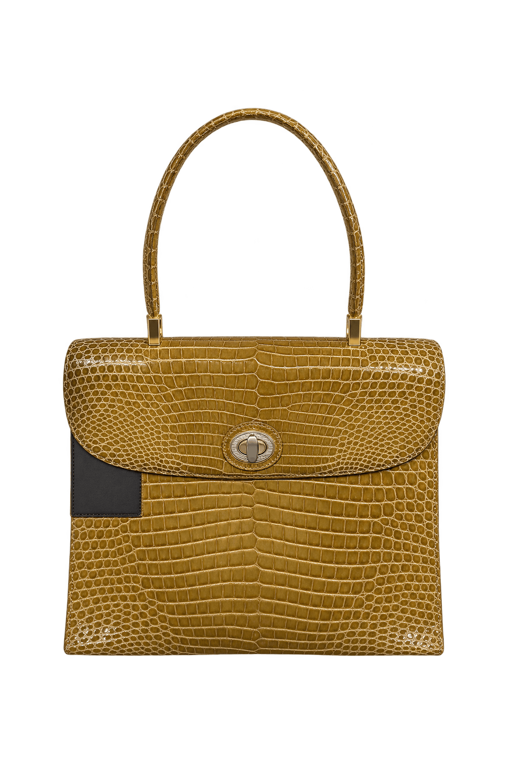 1950s Olive Brown Embossed Leather Handbag - Front View