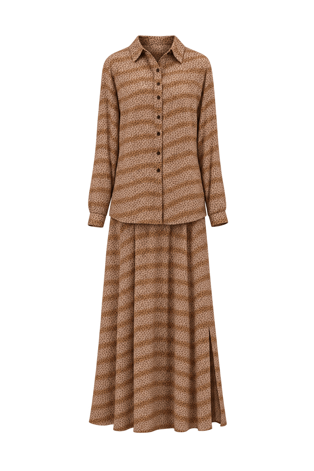 1970s Tan Brown Lightweight Woven Blouse and Skirt Set - Front View