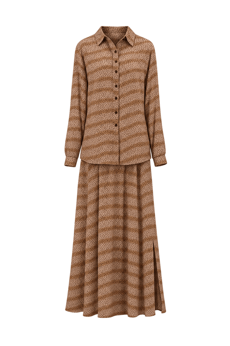 1970s Tan Brown Lightweight Woven Blouse and Skirt Set - Front View