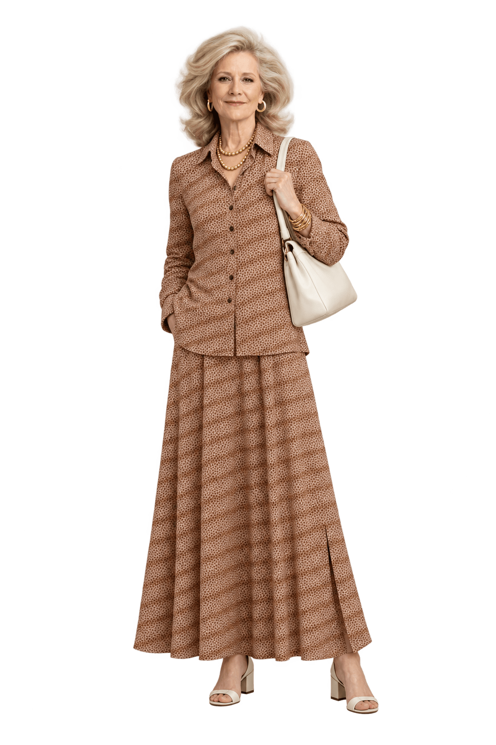 1970s Tan Brown Lightweight Woven Blouse and Skirt Set - Model