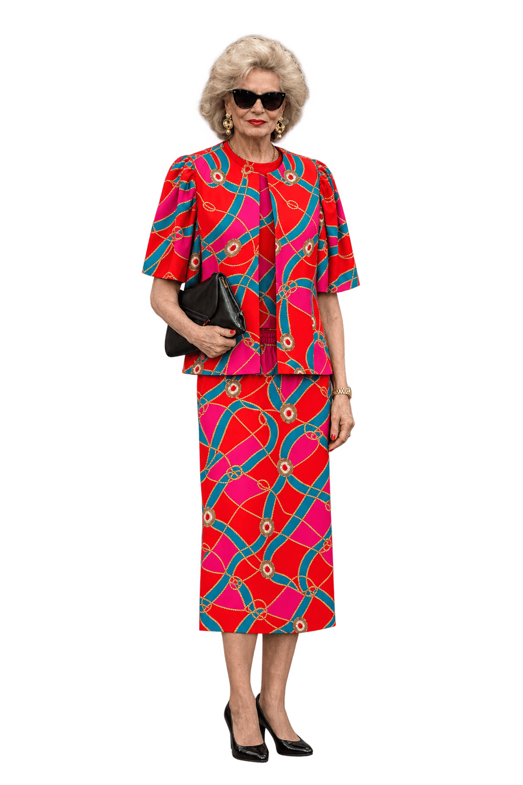 1980s Bright Red Silky Woven Jacket and Skirt Set - Model