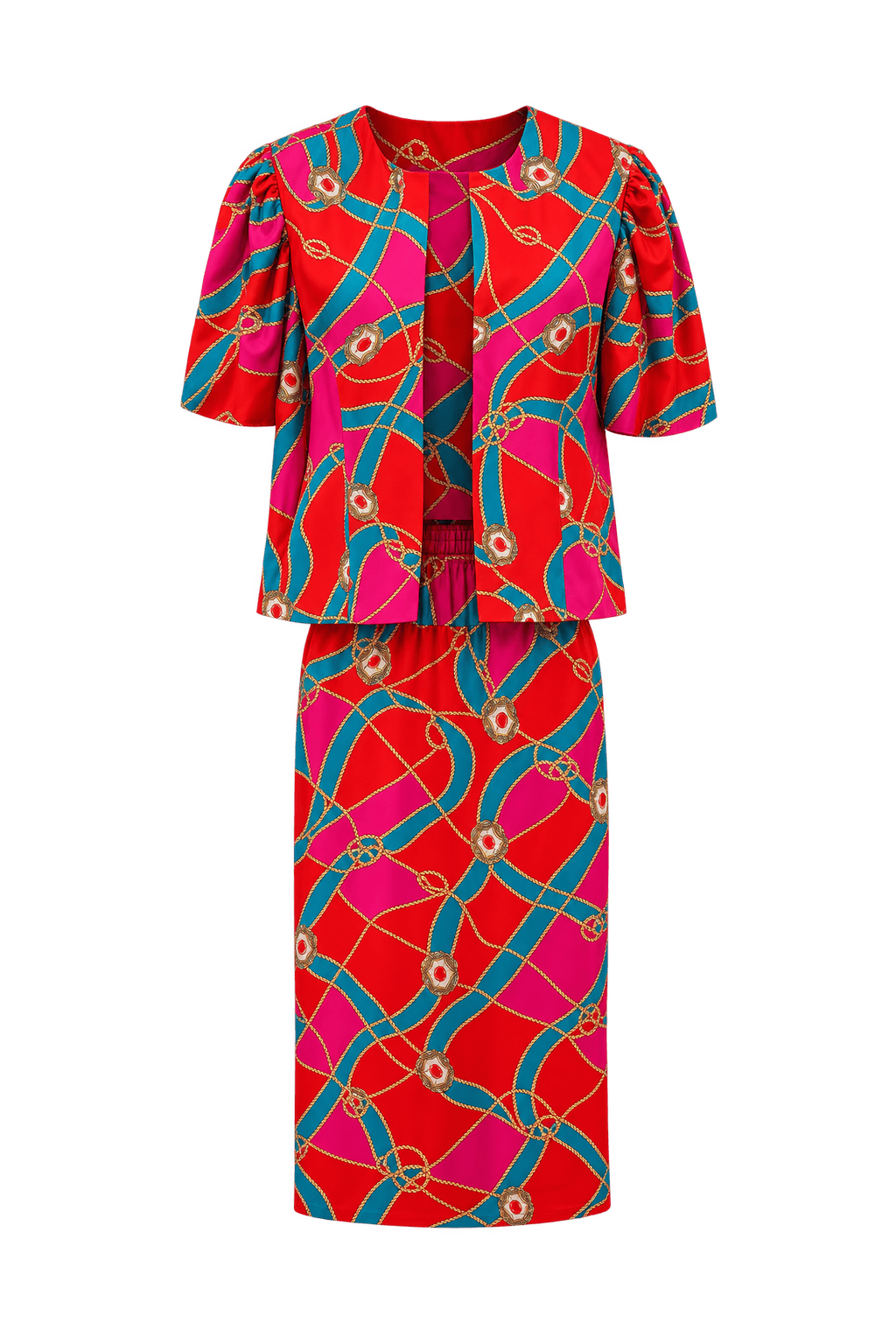 1980s Bright Red Silky Woven Jacket and Skirt Set - Front View