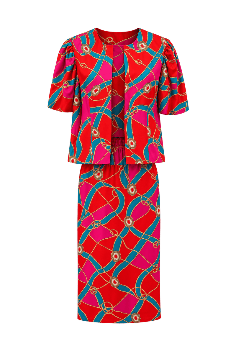 1980s Bright Red Silky Woven Jacket and Skirt Set - Front View