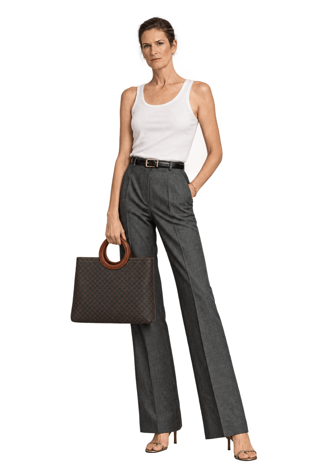1990s Dark Chocolate Brown Coated Canvas Handbag - Model