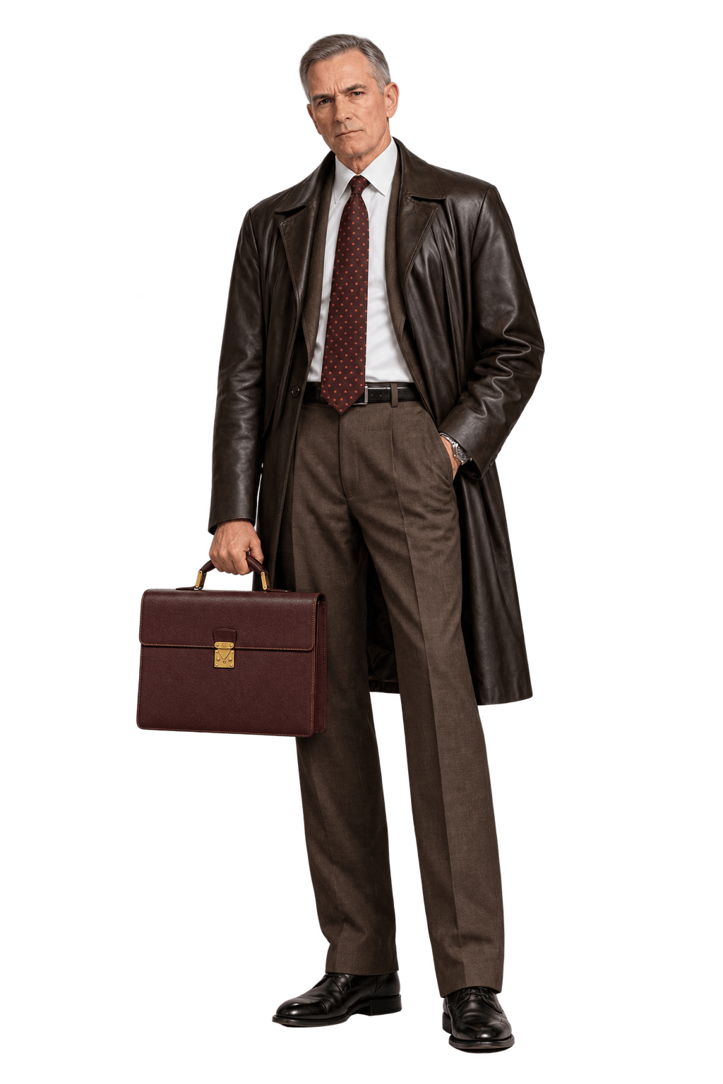 1990s Dark Burgundy Brown Grained Leather Briefcase - Model
