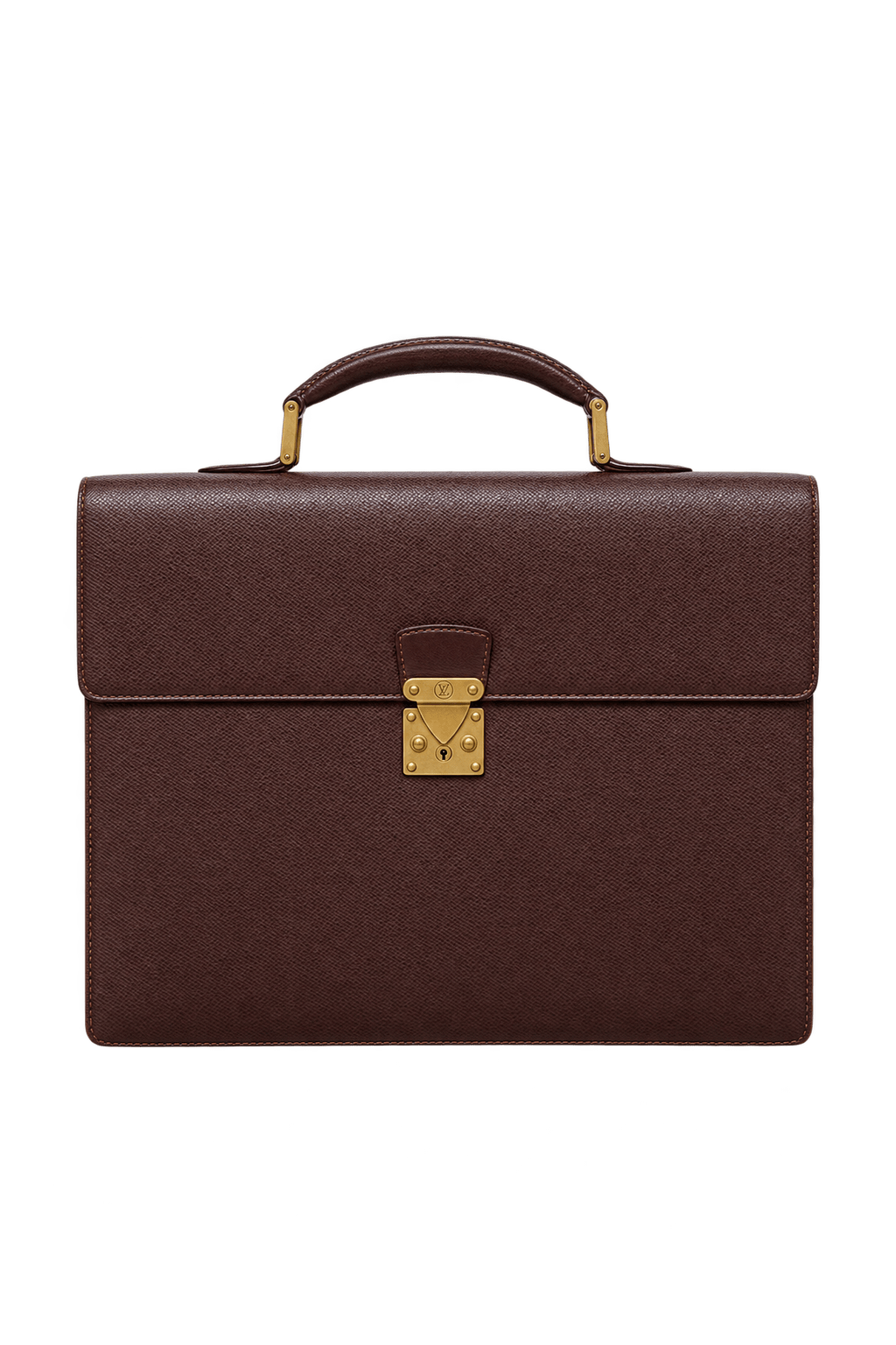 1990s Dark Burgundy Brown Grained Leather Briefcase - Front View